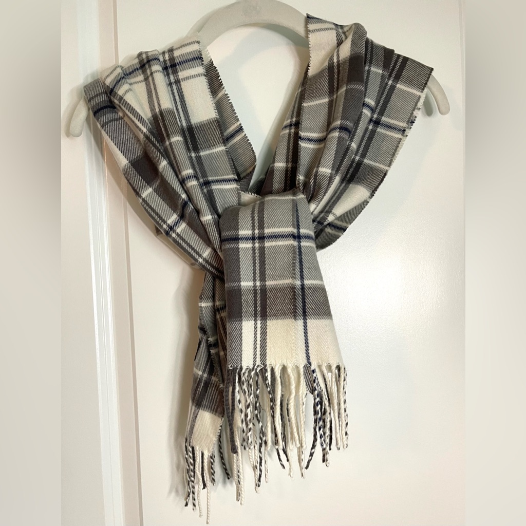 Italy Design Cashmere Blend Plaid Fringe Scarf - Navy, Gray, And Cream